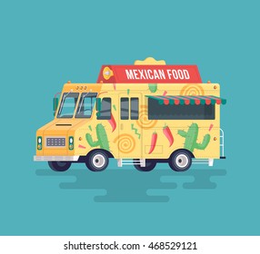 Vector colorful flat Mexican food truck. Traditional Mexican street cuisine. Street cuisine. Cartoon illustration.