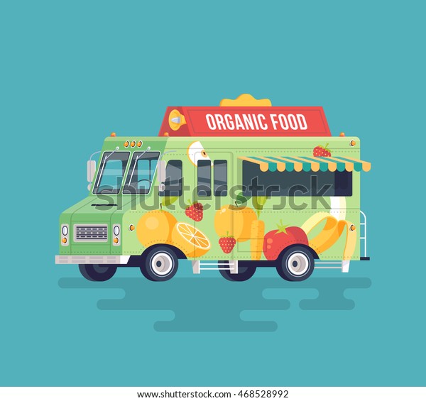 Vector\
colorful flat organic food truck. Fruits and vegetables delivery\
wagon. Street cuisine. Cartoon\
illustration.