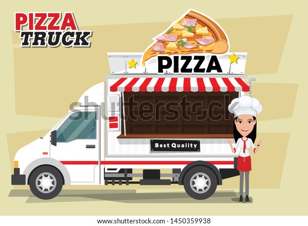 Vector\
colorful flat pizza truck. Cartoon pizza\
car.