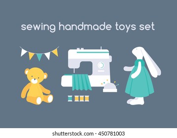 Vector colorful flat set of handmade toys (Flags, teddy bear, tilda style female rabbit). Sewing machine in atelier with cloth, colorful threads and pins in needle bar. 
