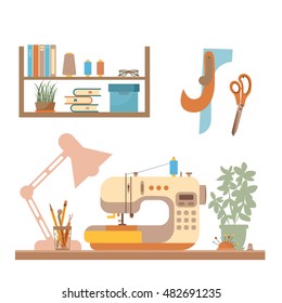 Vector colorful flat sewing machine infographic design elements: scissor, pin, iron. Tailoring industry concept of dressmaking tools icons. Sewing workshop illustration. 