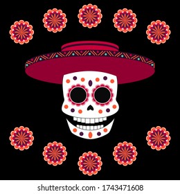 Vector colorful flat skull with bright flowers around in cartoon style on the black background. Elements for dia de muertos and halloween banners, designs and games.