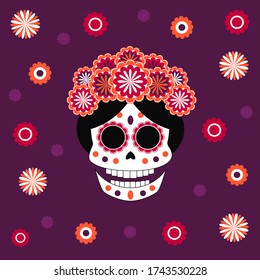 Vector colorful flat skull with bright flowers in cartoon style on purple background. Elements for dia de muertos and halloween banners, designs and games.