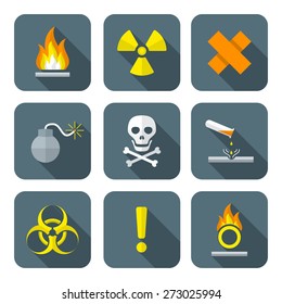 vector colorful flat style hazardous waste symbols warning signs icons long shadows
