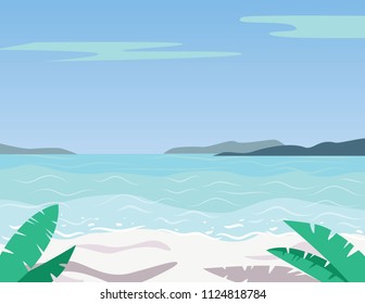 Vector colorful flat style illustration of beautiful beach. Summer sunny day on resort with view in blue water and white sand