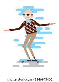 Vector colorful flat style illustration of an old man skateboarding. The pensioner is having fun. The old man leads an active sport life