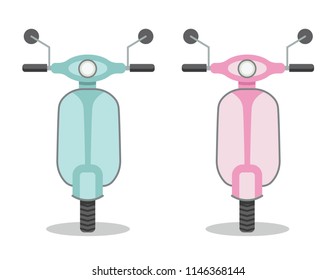 Vector colorful flat style set of a two vintage scooters. Illustration of Pink and light blue color motorbike isolated from white background