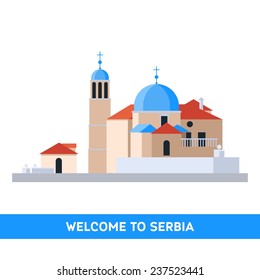 Vector colorful flat travel illustration with architecture. Welcome to Serbia.  Red tile house.