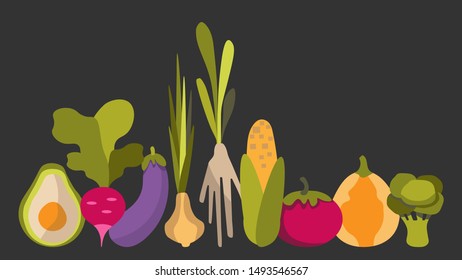 Vector colorful flat vegetables. Smooth ranks of healthy vegetables on a 
dark background.