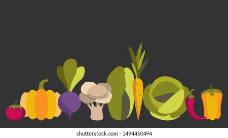 Vector colorful flat vegetables. Smooth ranks of healthy vegetables on a 
dark background.