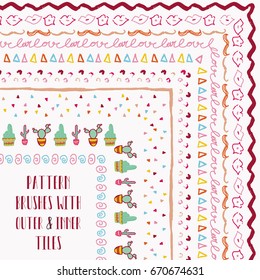 Vector Colorful Flexible, Easy to Reshape and Resize Pattern Brushes Collection. With outer and inner tiles corners. Hand-drawn Doodle Style