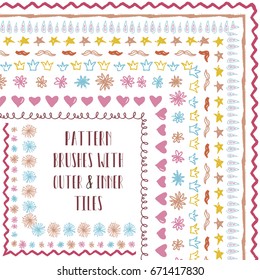 Vector Colorful Flexible, Easy to Reshape and Resize Pattern Brushes Collection. With outer and inner tiles corners. Hand-drawn Doodle Style