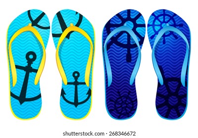 Vector colorful flip flops / Beach Sandals (Sailboat  steering, anchor design) 