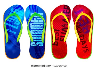 Vector colorful flip flops / ( Grunge Typeface Design ) / Beach Sandals 