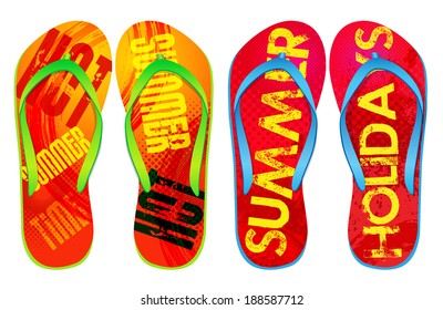 Vector colorful flip flops / ( Grunge Typeface Design / summer design ) / Beach Sandals 