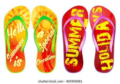 Vector colorful flip flops / ( Grunge Typeface Design / summer design ) / Beach Sandals
