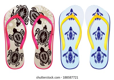 Vector colorful flip flops ( sea turtle design ) / Beach Sandals 