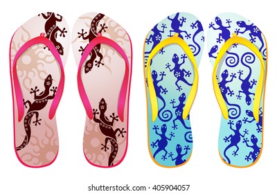 Vector colorful flip flops ( Tattoo lizards design) / Beach Sandals
