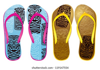 Vector colorful flip flops ( tiki mask mask design ) / Beach Sandals