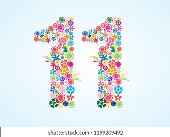 Vector Colorful Floral 11 Number Design isolated on white background. Floral Number Eleven Vector Typeface.