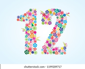 Vector Colorful Floral 12 Number Design isolated on white background. Floral Number Twelve Vector Typeface.