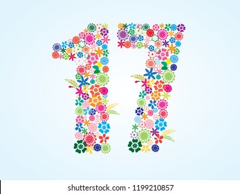 Vector Colorful Floral 17 Number Design isolated on white background. Floral Number Seventeen Vector Typeface.