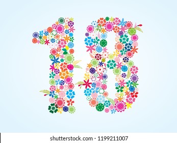 Vector Colorful Floral 18 Number Design isolated on white background. Floral Number Eighteen Vector Typeface.