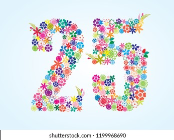 Vector Colorful Floral 25 Number Design isolated on white background. Floral Number Twenty Five Vector Typeface.