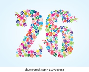 Vector Colorful Floral 26 Number Design isolated on white background. Floral Number Twenty Six Vector Typeface.