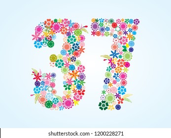 Vector Colorful Floral 37 Number Design isolated on white background. Floral Number Thirty Seven Vector Typeface.