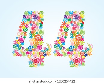 Vector Colorful Floral 44 Number Design isolated on white background. Floral Number Forty Four Vector Typeface.