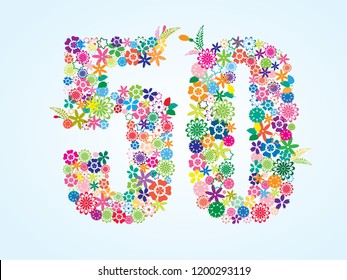 Vector Colorful Floral 50 Number Design isolated on white background. Floral Number Fifty Vector Typeface.