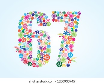 Vector Colorful Floral 67 Number Design isolated on white background. Floral Number Sixty Seven Vector Typeface.
