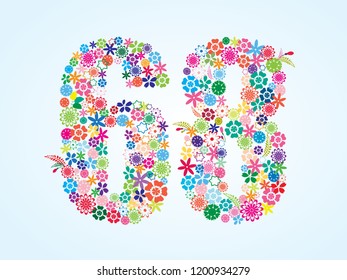 Vector Colorful Floral 68 Number Design isolated on white background. Floral Number Sixty Eight Vector Typeface.