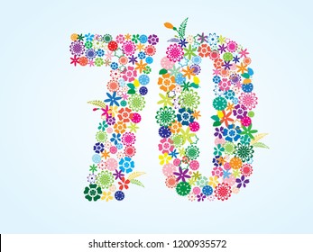 Vector Colorful Floral 70 Number Design isolated on white background. Floral Number Seventy Vector Typeface.