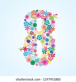Vector Colorful Floral 8 Number Design isolated on white background. Floral Number Eight Vector Typeface.