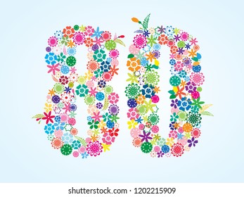 Vector Colorful Floral 80 Number Design isolated on white background. Floral Number Eighty Vector Typeface.