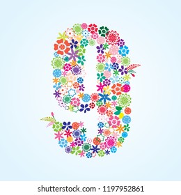 Vector Colorful Floral 9 Number Design isolated on white background. Floral Number Nine Vector Typeface.