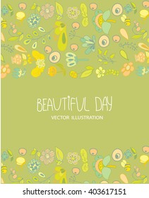 vector colorful floral background in green tones with floral print on a green background with the words beautiful day, greeting card, abstract floral pattern
