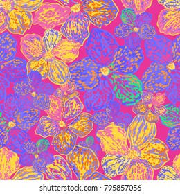 Vector colorful floral background. Seamless pattern with purple and yellow flowers. Can be used for wallpaper, pattern fills, web page background, surface textures, textile print.