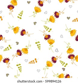 Vector colorful floral pattern in doodle style with flowers and leaves, spring floral background.