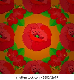 Vector colorful floral pattern on a orange background. Hand drawn floral texture, motley decorative flowers.