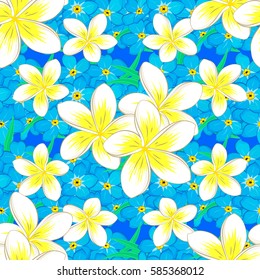 Vector colorful floral pattern on a blue background. Hand drawn floral texture, motley decorative flowers.