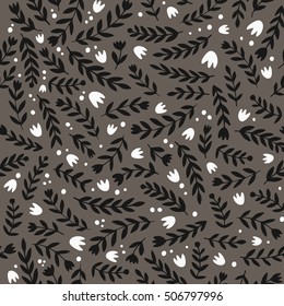 Vector colorful floral pattern, seamless texture with branches. Floral background. Black branches and white flowers on brown background.