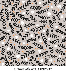 Vector colorful floral pattern, seamless texture with branches. Floral background. Black branches and white flowers on beige background.