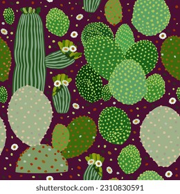 Vector colorful floral seamless pattern with various cacti on dark purple background.