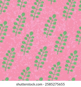 Vector Colorful Floral Seamless Pattern with Green Leaves on Pink Textured Background