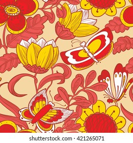 Vector colorful floral seamless pattern with butterflies in doodle line art style