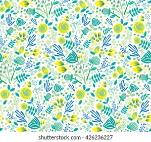Vector colorful floral seamless pattern in doodle style with flowers and leaves. Gentle, spring floral background.