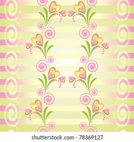 Vector colorful floral seamless pattern. Pink flower heart and Green strips background. See similar in my portfolio